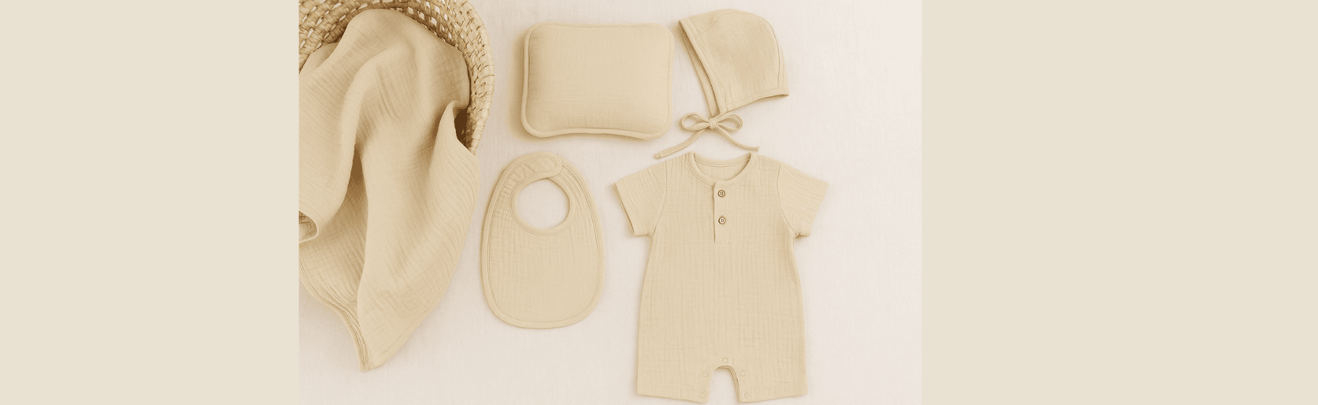 Cotton muslin baby romper, hat, bib and gloves set