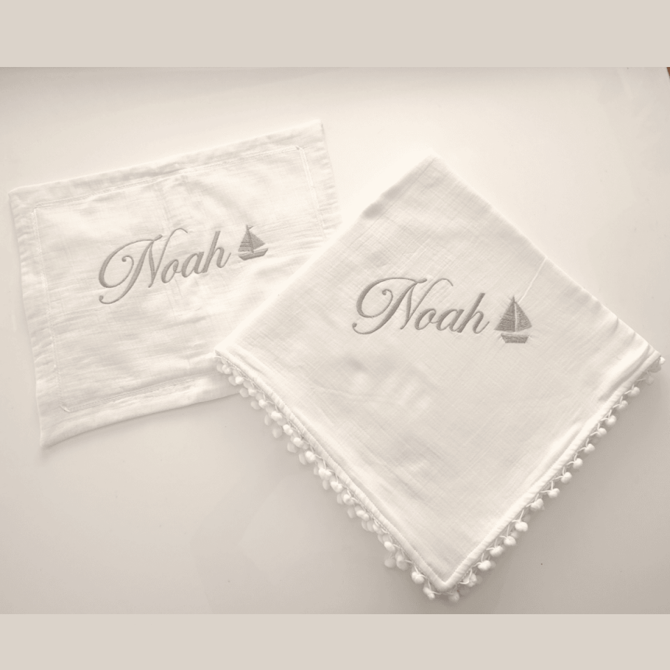 Personalized Newborn Gift Set | 4 Layer Muslin Blanket and Embroidered Pillowcase