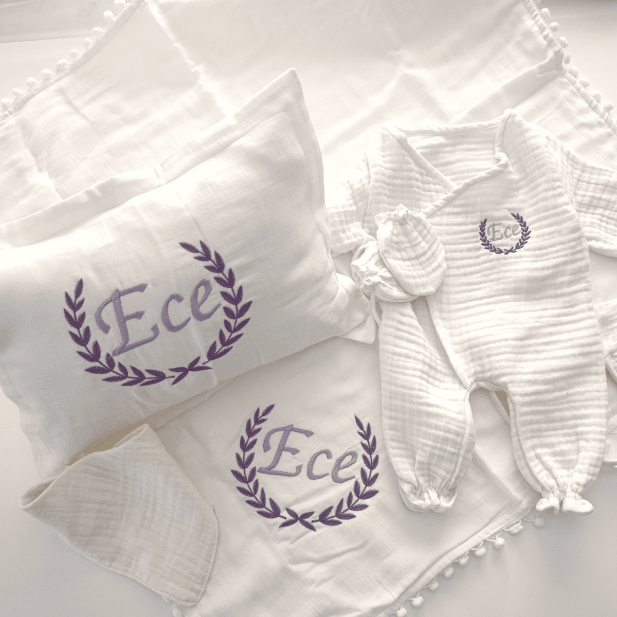 Newborn Hospital Discharge Set with Name Written - 6 Piece Personalized Muslin Baby Products