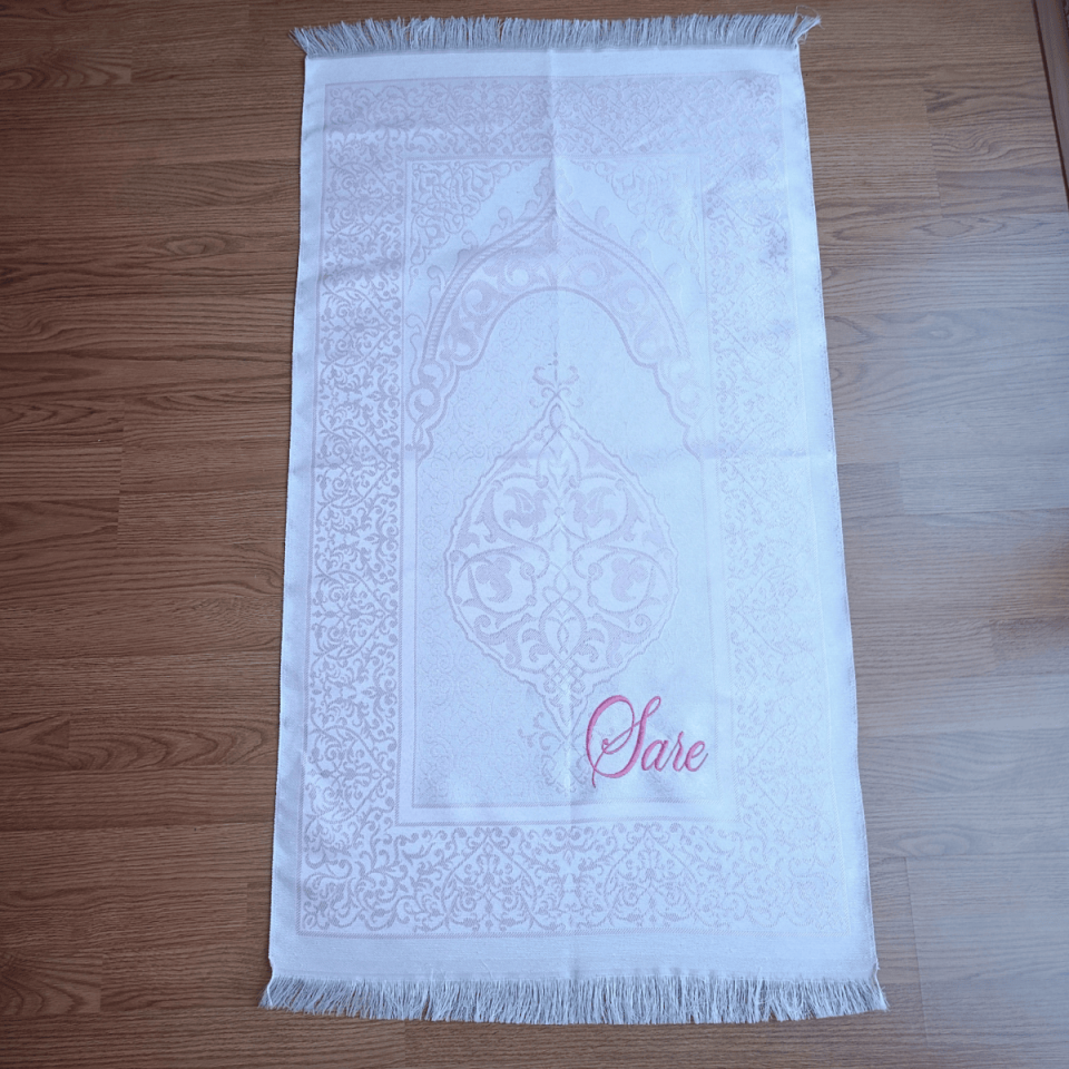 Pink Embroidered Personalized Prayer Rug Set