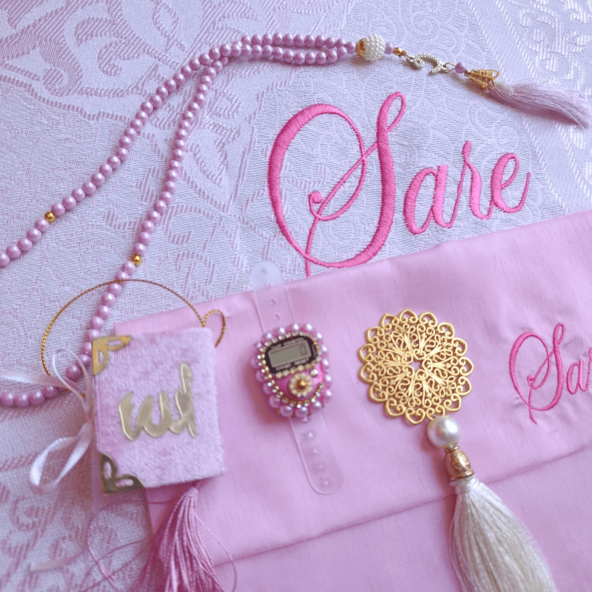 Pink Embroidered Personalized Prayer Rug Set