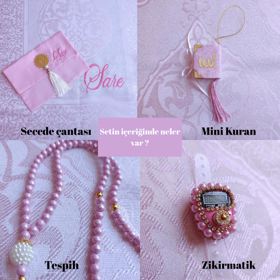 Pink Embroidered Personalized Prayer Rug Set
