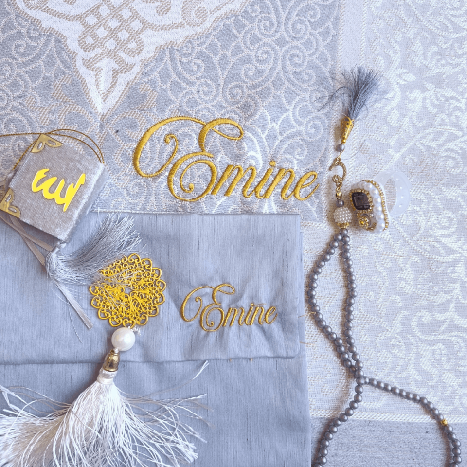 Gray Embroidered Personalized Prayer Rug Set