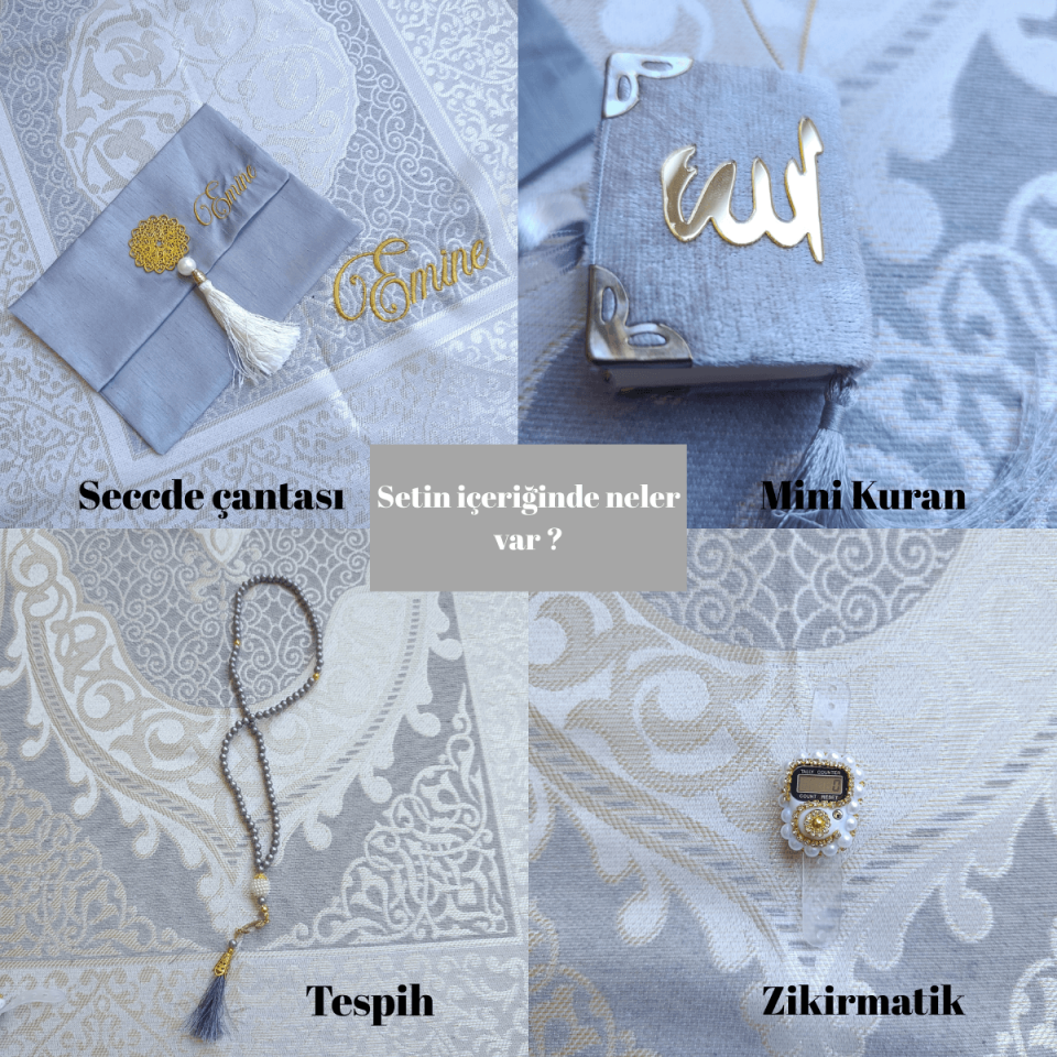 Gray Embroidered Personalized Prayer Rug Set