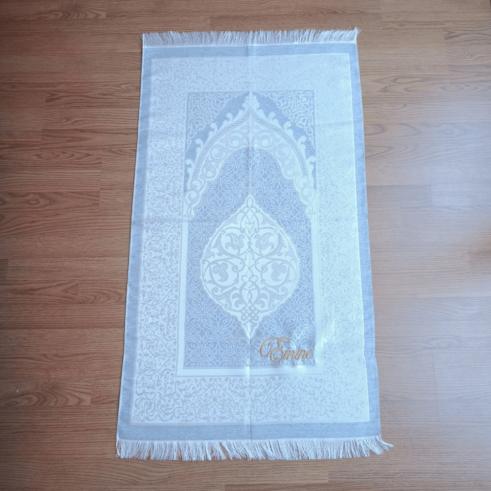 Gray Embroidered Personalized Prayer Rug Set