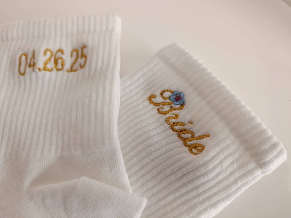 Personalized Bridal Socks – Embroidered Design with Name & Date
