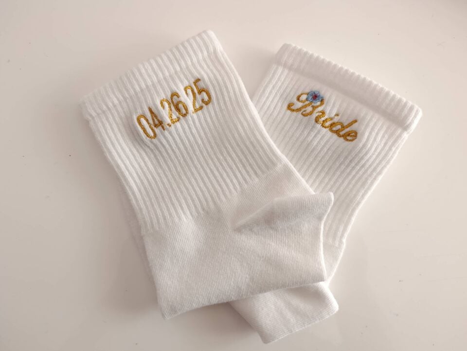 Personalized Bridal Socks – Embroidered Design with Name & Date