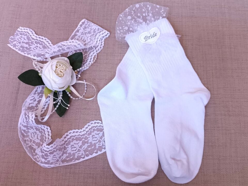 Kişiye Özel Nakışlı Gelin Çorabı,Tül Detaylı Bride Çorap