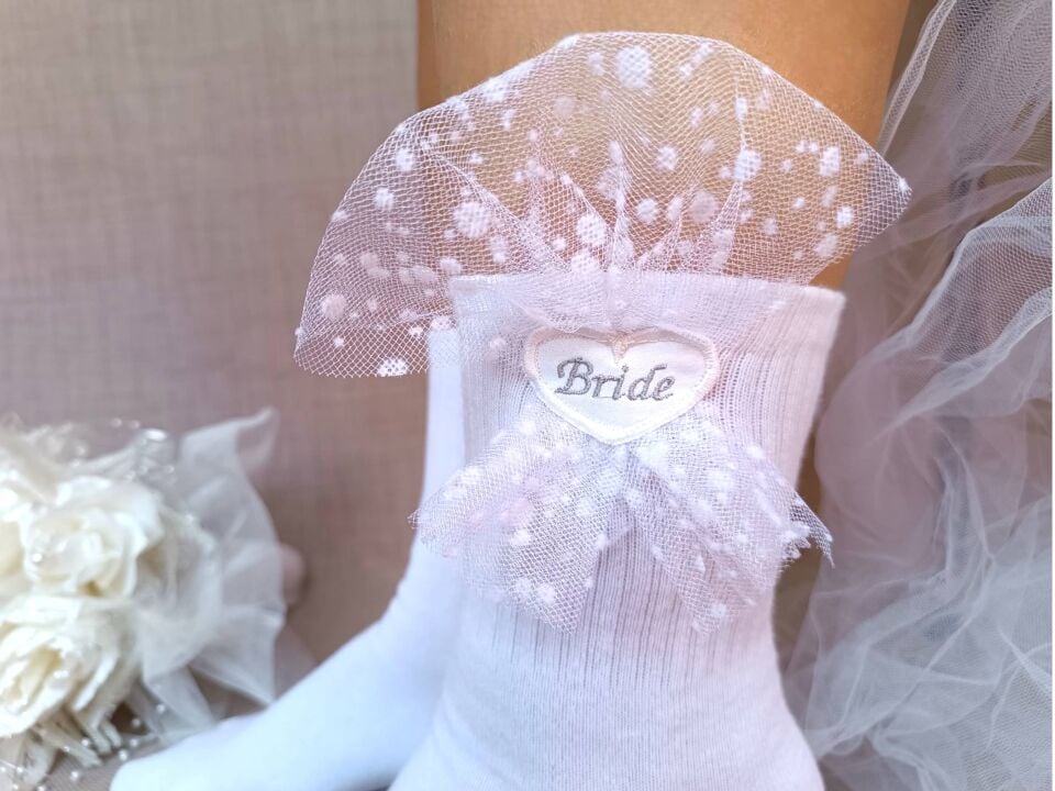 Kişiye Özel Nakışlı Gelin Çorabı,Tül Detaylı Bride Çorap