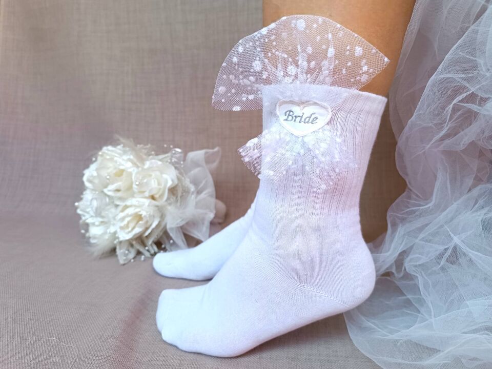 Kişiye Özel Nakışlı Gelin Çorabı,Tül Detaylı Bride Çorap