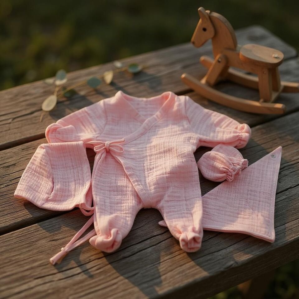 Ensemble de 4 pièces en mousseline rose pour nouveau-né
