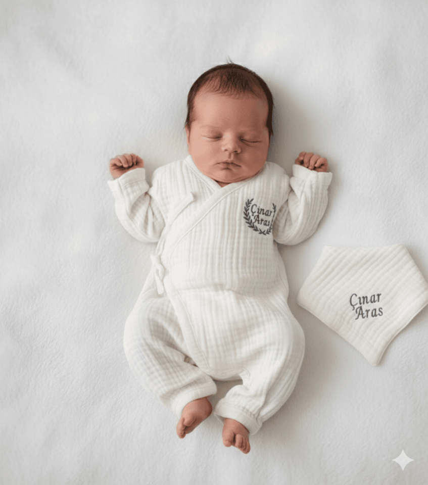 Kişiye Özel Nakışlı Müslin Bebek Hastane Çıkışı Seti – 3 Parça
