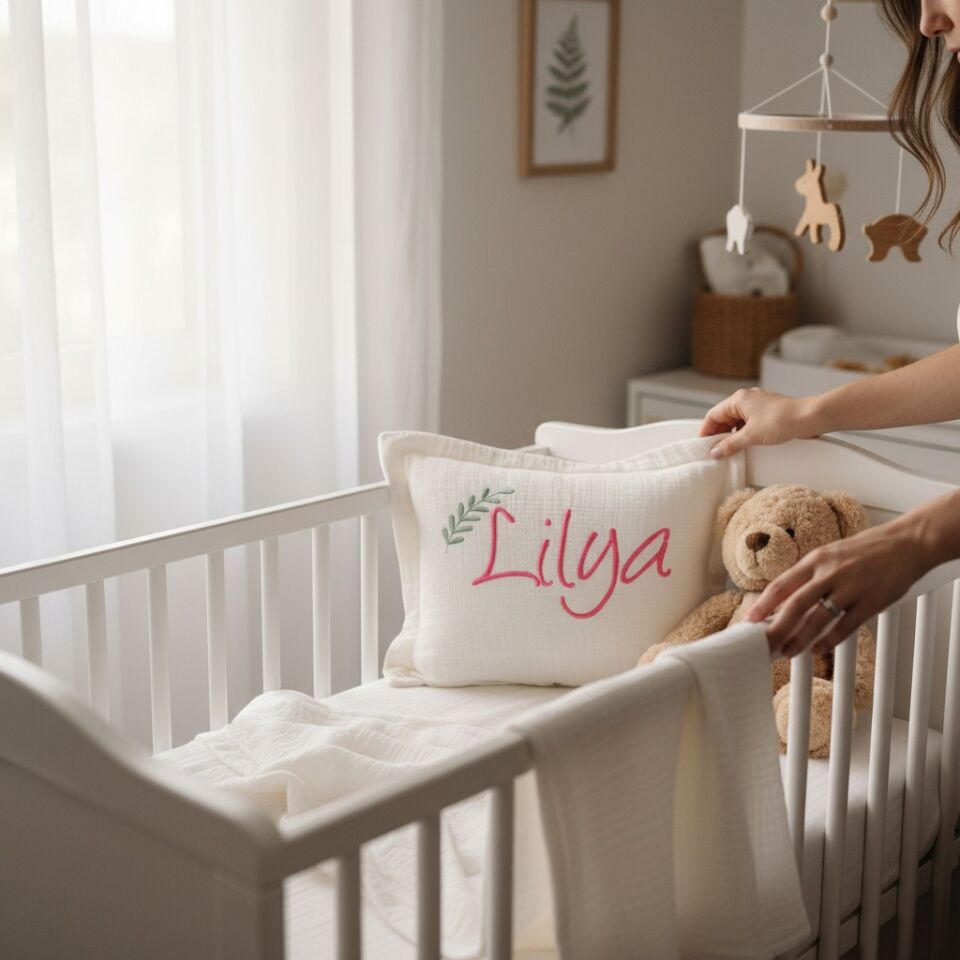 Housse de coussin en mousseline personnalisée – Brodé avec le nom