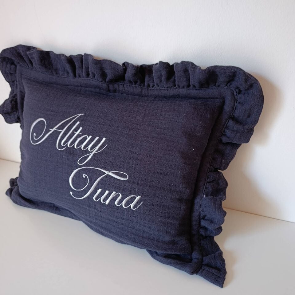 Coussin à bijoux personnalisé à volants anthracite – 4 couches de mousseline 100 % coton