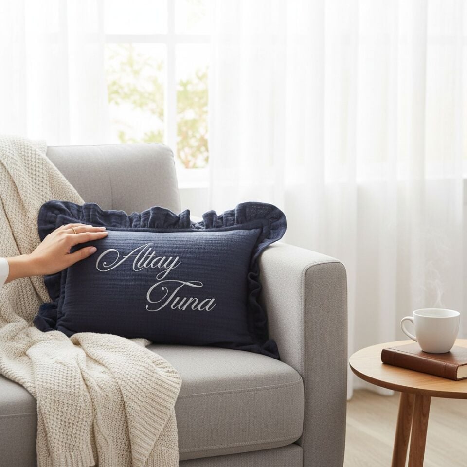 Coussin à bijoux personnalisé à volants anthracite – 4 couches de mousseline 100 % coton
