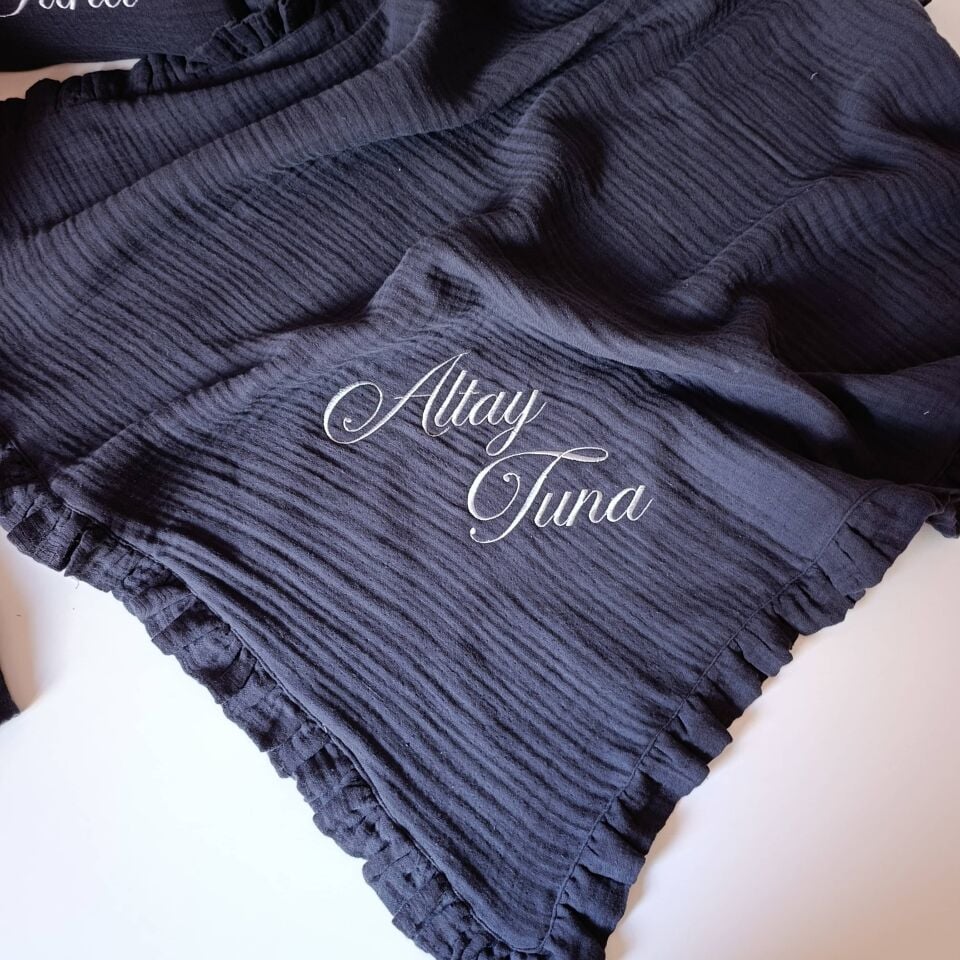 Personalized Ruffled Anthracite Muslin Pillow and Blanket Set – 4 Layers 100% Cotton