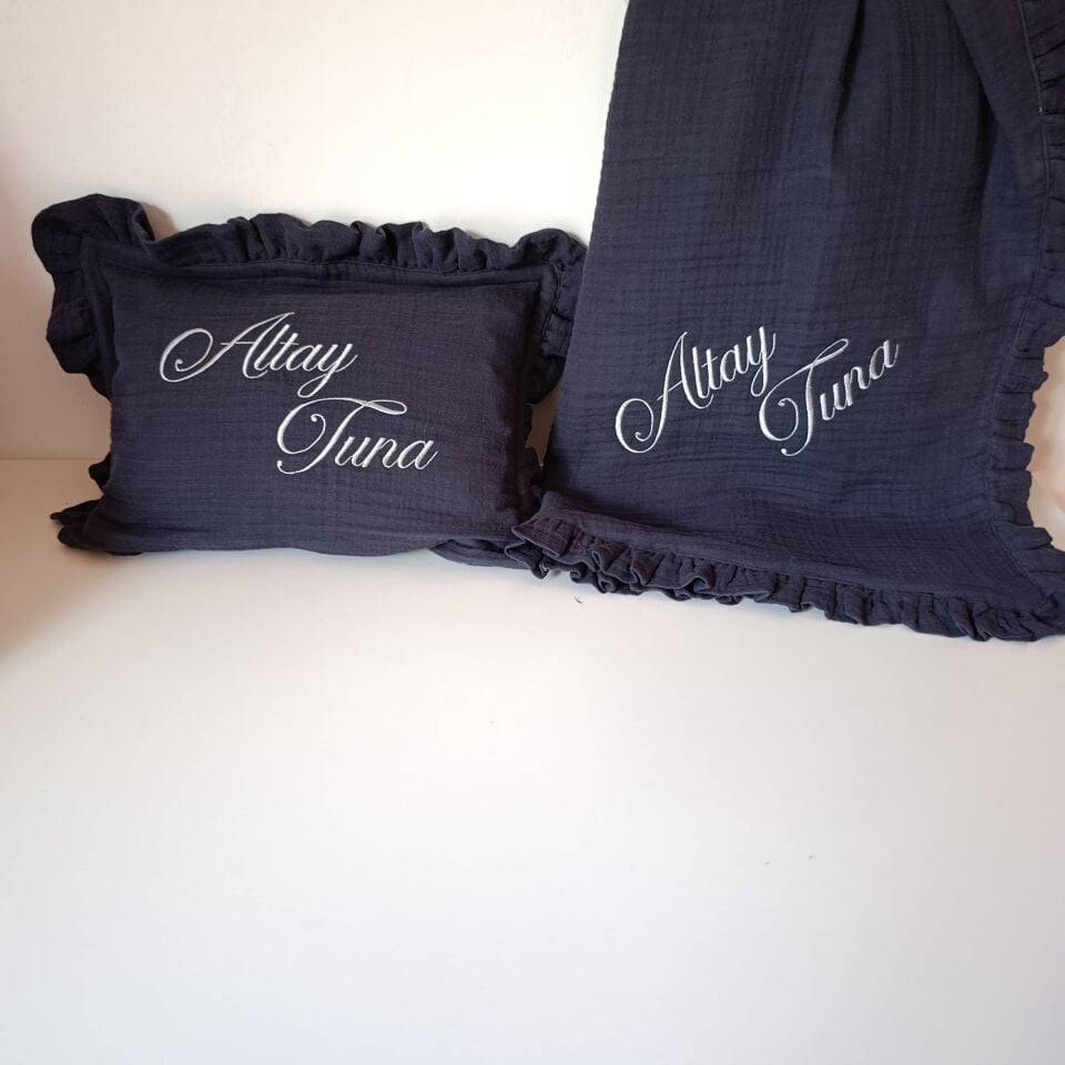 Personalized Ruffled Anthracite Muslin Pillow and Blanket Set – 4 Layers 100% Cotton