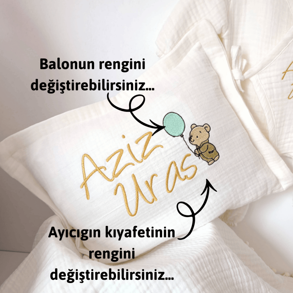 İsme Özel Ayıcık Nakışlı Müslin Hastane Çıkışı Seti – %100 Pamuk 4 Kat Müslin