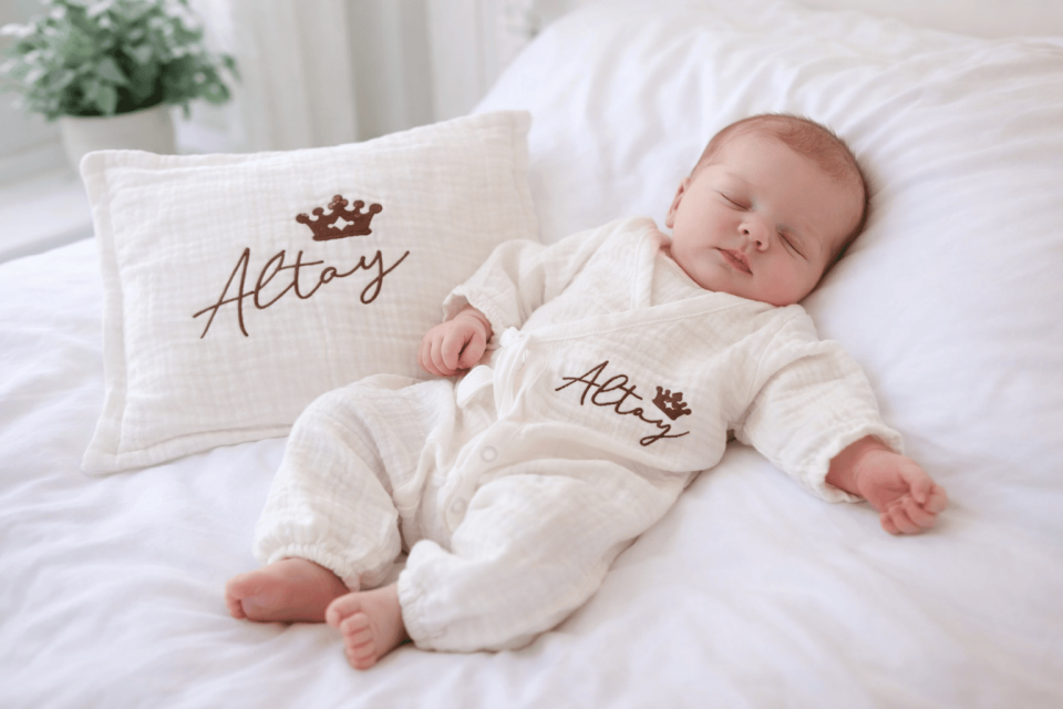 İsimli Doğal Müslin Bebek Tulum & Yastık Seti