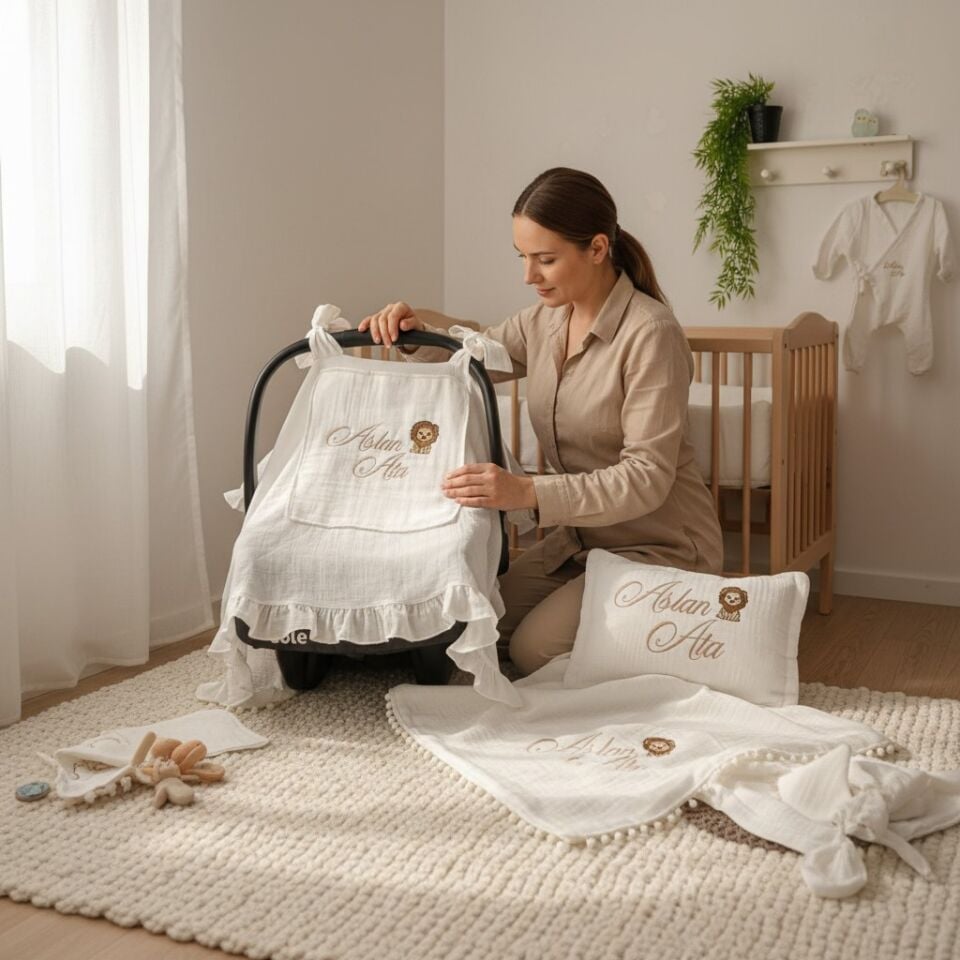 Aslan Nakışlı Kişiye Özel Müslin Bebek Seti – 7 Parça
