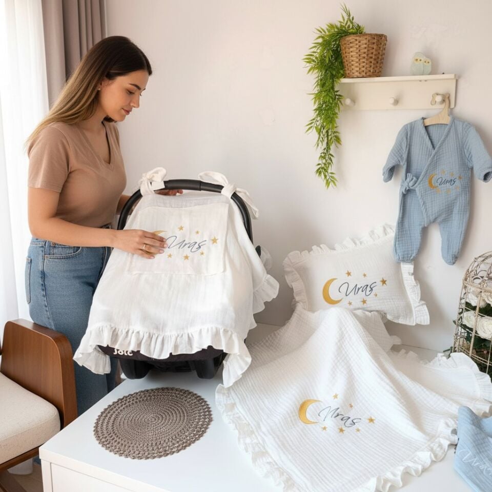 Kişiselleştirilmiş 4 Katlı Müslin Bebek Seti - Altın Sarısı Nakış İşlemeli